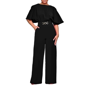 Detail of high-waisted black jumpsuit with butterfly sleeves and interlocking buckle belt