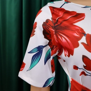 Détail de la manche courte avec imprimés floraux rouges et feuilles bleues sur robe blanche