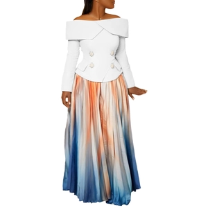 Detail of off-shoulder peplum top with pearl buttons and pleated gradient long skirt