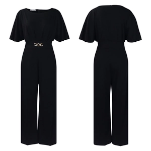 Front and back view of black short sleeve wide leg jumpsuit with gold waist buckle