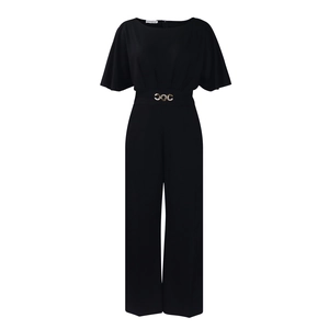 Detail of elegant black wide-leg jumpsuit featuring a round neck and golden buckle belt