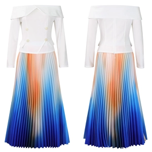 Close-up of off-shoulder top with pearl buttons and colorful gradient pleated skirt