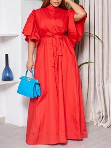 Vibrant red long maxi dress with flare sleeves, button-front design and waist tie