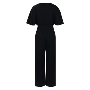 Back view of black wide-leg jumpsuit with ruffled short sleeves and rear zipper detail