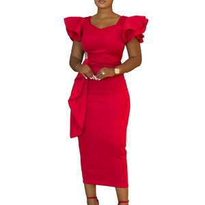 Detail of elegant red bodycon dress featuring layered ruffle sleeves and side drapery