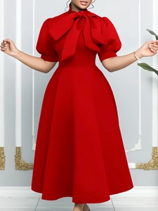 Women Elegant Bow Tie Neck Puff Sleeve Midi Dress High Waist Large Swing A-Line Banquet Party Solid Color Commute Dress