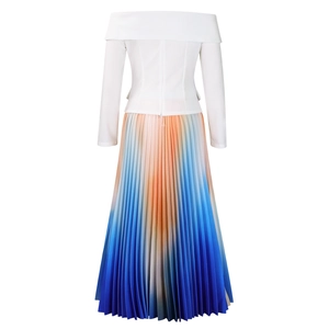 Detail of off-shoulder white long sleeve top and orange to blue gradient pleated skirt