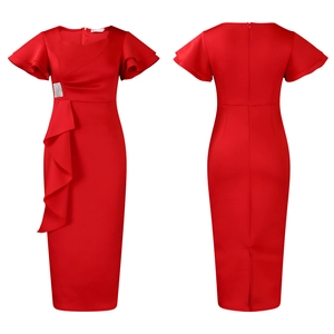 Detailed close-up of red ruffled sleeve dress with sequin waist and back zipper
