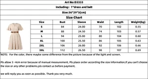 Detailed size chart for V-neck A-line dress with measurements for S to 3XL sizes