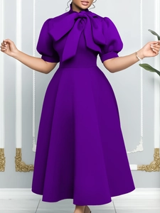 Elegant purple A-line party dress with oversized bow tie and puffy sleeves for summer events