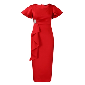 Detail view of red bodycon midi dress featuring tiered ruffle sleeves and crystal buckle