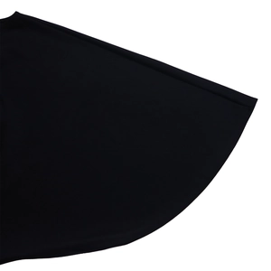Detail view of the fine hem stitching and smooth black fabric texture on the jumpsuit