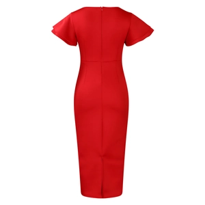 Back view of a red midi dress with ruffle cap sleeves and a sleek rear slit detail
