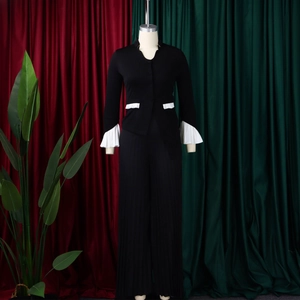 Detailed view of the flare sleeves and pleated wide-leg pants on a two-piece fashion suit