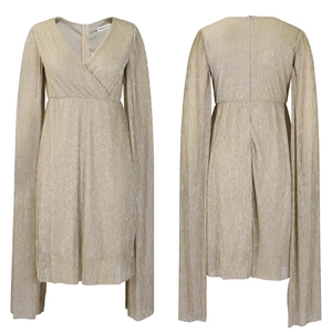 Detail of V-neck champagne pleated dress showing cape sleeves and metallic fabric texture