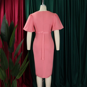 Detail view of pink V-neck dress with puff sleeves, back zipper and waist tie
