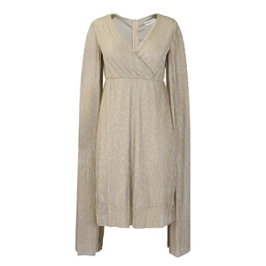 Detail view of champagne gold pleated gown featuring elegant deep V-neck and cape sleeves