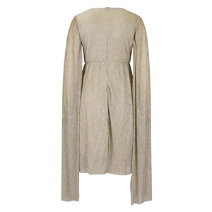 Detail of champagne gold pleated dress with cape sleeves and hidden back zipper