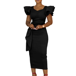 Detail of elegant black bodycon dress featuring layered ruffles on shoulders and side waist
