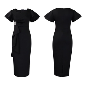 Detail view of black ruffle sleeve dress featuring crystal buckle and back slit design