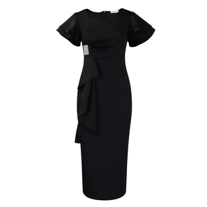 Elegant black short sleeve sheath dress featuring ruffle cuffs and rhinestone waist detail