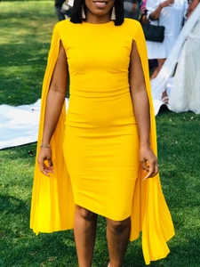 Women Elegant Round Neck Pleated Cape Sleeve Bodycon Midi Dress Formal Banquet Party Evening Dress Slim Fit Robe