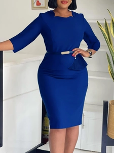 Robe Midi Moulante à Basque Élégante Pour Femmes Manches Trois-Quarts Bureau Business Cocktail Party Robe Crayon Avec Ceinture Fine