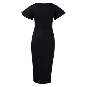 Detailed back view of sleek black sheath dress with ruffle sleeves and concealed zipper