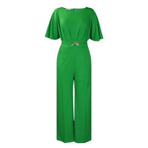 Close-up of emerald green wide-leg jumpsuit featuring tiered sleeves and golden belt buckle