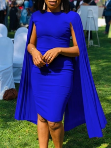 Elegant bright blue bodycon dress featuring pleated cape sleeves and a round neckline