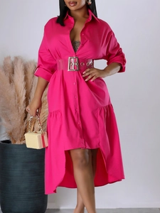 Fashionable rose red shirt dress with high-low hem and transparent PVC belt