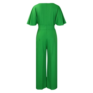Rear view of bright green short sleeve jumpsuit with high waist and back zipper detail