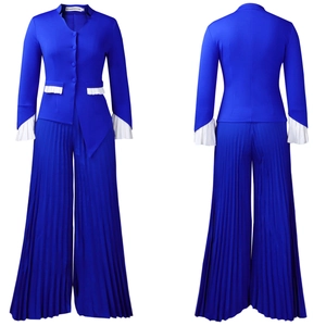Detail view showing blue blazer bell sleeves and matching pleated wide-leg pants