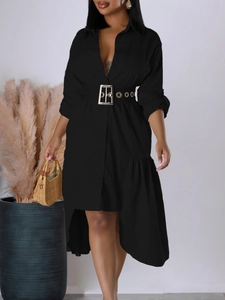 Women's black long-sleeve lapel shirt dress with belt and asymmetrical high-low hem