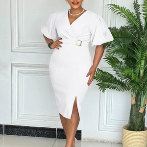 Detail of elegant V-neck puff sleeve white dress with waist belt and side slit