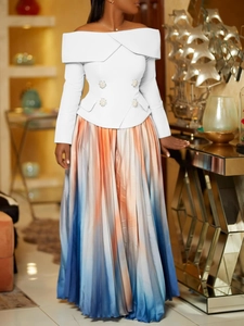 Elegant off-shoulder white top with pearl buttons and vibrant gradient pleated long skirt