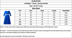 Size chart for navy blue African dress with round neck, including brooch and belt details