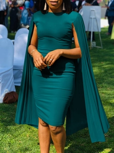 Elegant dark teal bodycon dress with pleated cape sleeves for evening parties