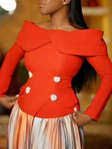 Elegant orange off-shoulder top and gradient pleated maxi skirt two-piece set for women