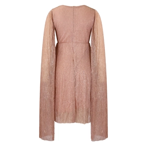 Detail of elegant V-neck gown featuring pleated metallic fabric and dramatic cape sleeves