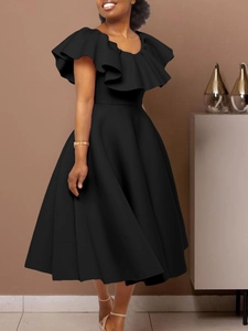 Robe Midi Élégante en Ligne A pour Femmes Couleur Unie Soirée Banquet Robe de Cocktail Taille Haute avec Volants