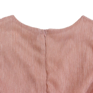 Close-up of pink pleated fabric dress with elegant hidden zipper and round neckline