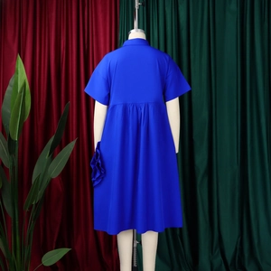 Back view of a blue short-sleeved A-line dress with high waist pleats on a mannequin