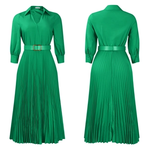 Front and back view of green V-neck pleated maxi dress with matching buckled waist belt