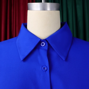 Detailed close-up of a royal blue shirt dress collar with matching buttons on a mannequin