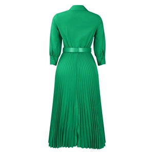 Back view of a green long-sleeved pleated dress with a matching belt and buttoned cuffs