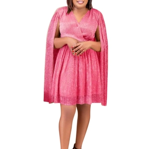 Detailed view of pink metallic fabric with cape sleeves and V-neckline party dress