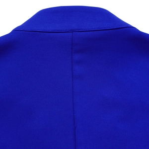 Detail of royal blue blazer collar showing precise stitching and textured fabric finish
