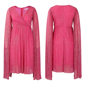Detailed views of fuchsia pleated V-neck evening gown with dramatic cape sleeves