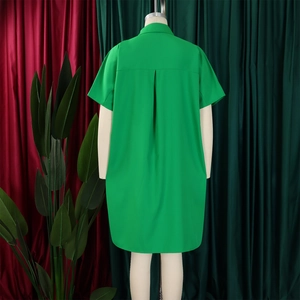 Detail of green short sleeve shirt dress featuring a back pleat and curved hemline